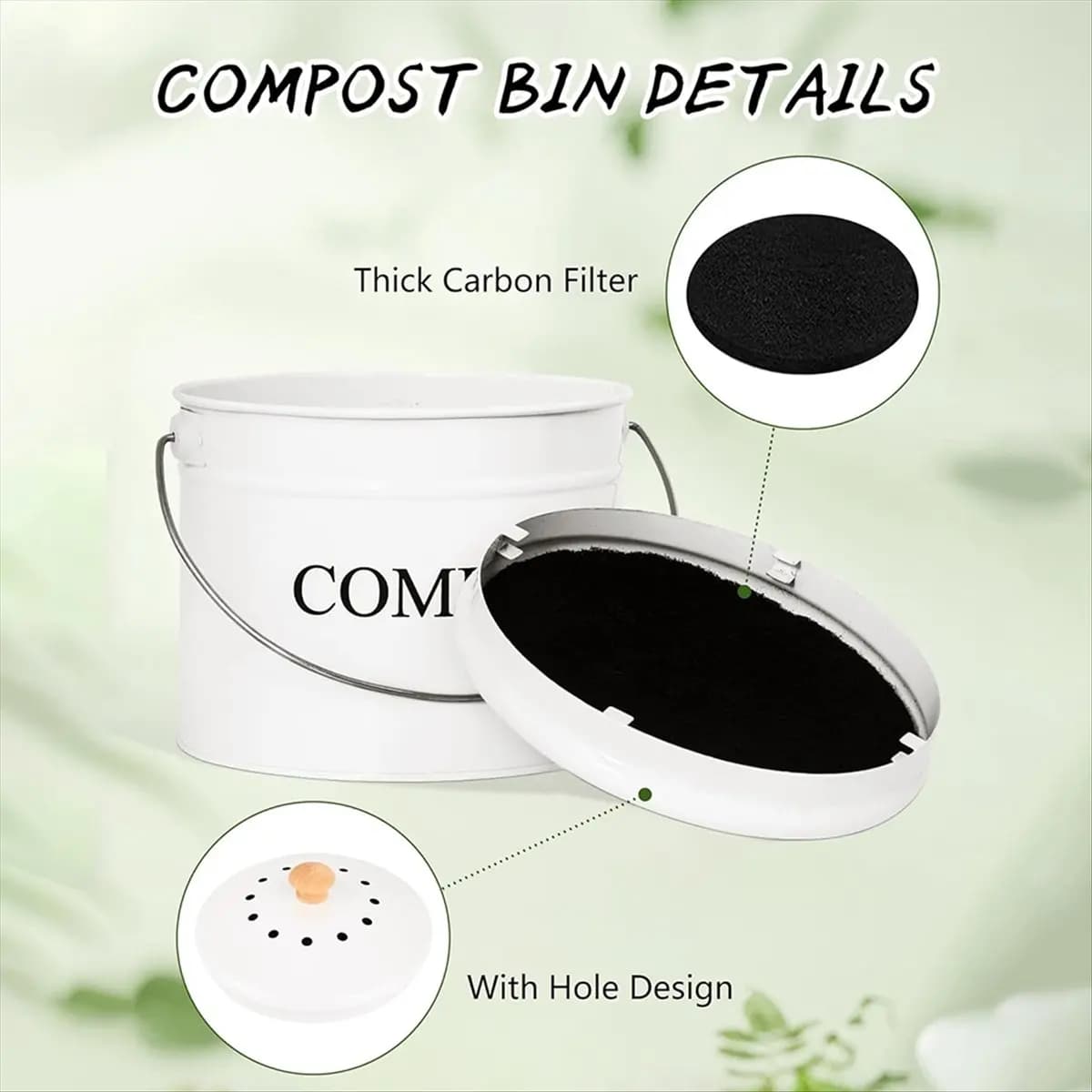 Cestino per compost da cucina A75K per piano di lavoro della cucina, secchio per compost da 1 gallone per cucina con coperchio, bianco