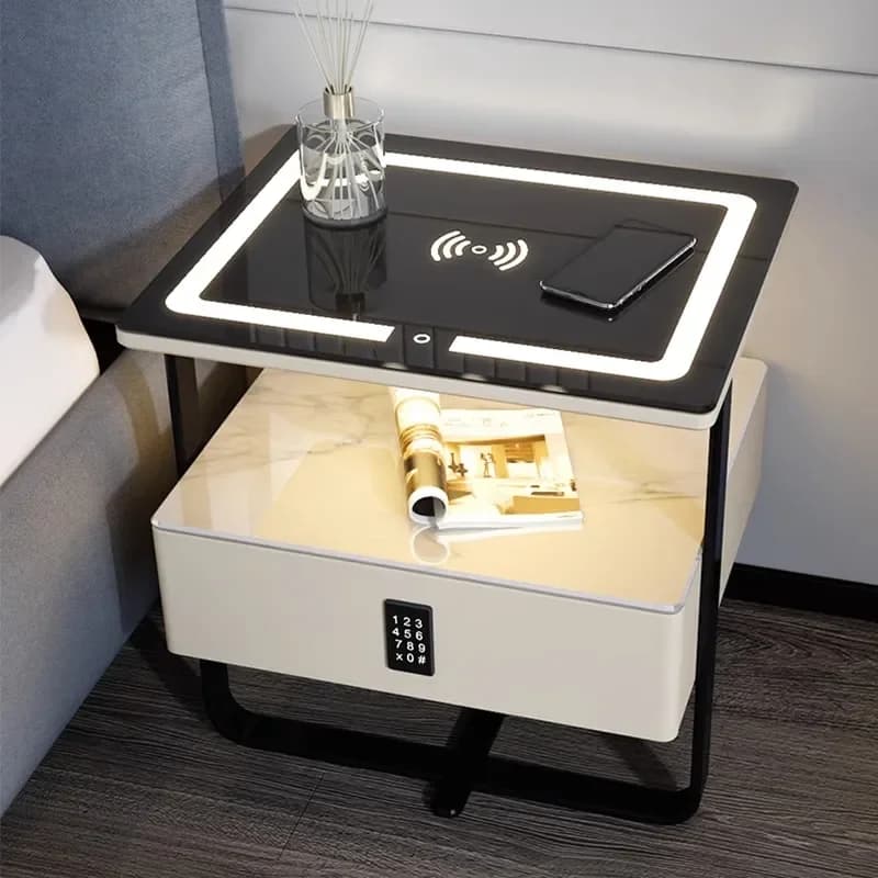 Comodino Smart in Legno Massello HHSolid con Ricarica Wireless, Serratura con Password e Vano Portaoggetti per Camera da Letto