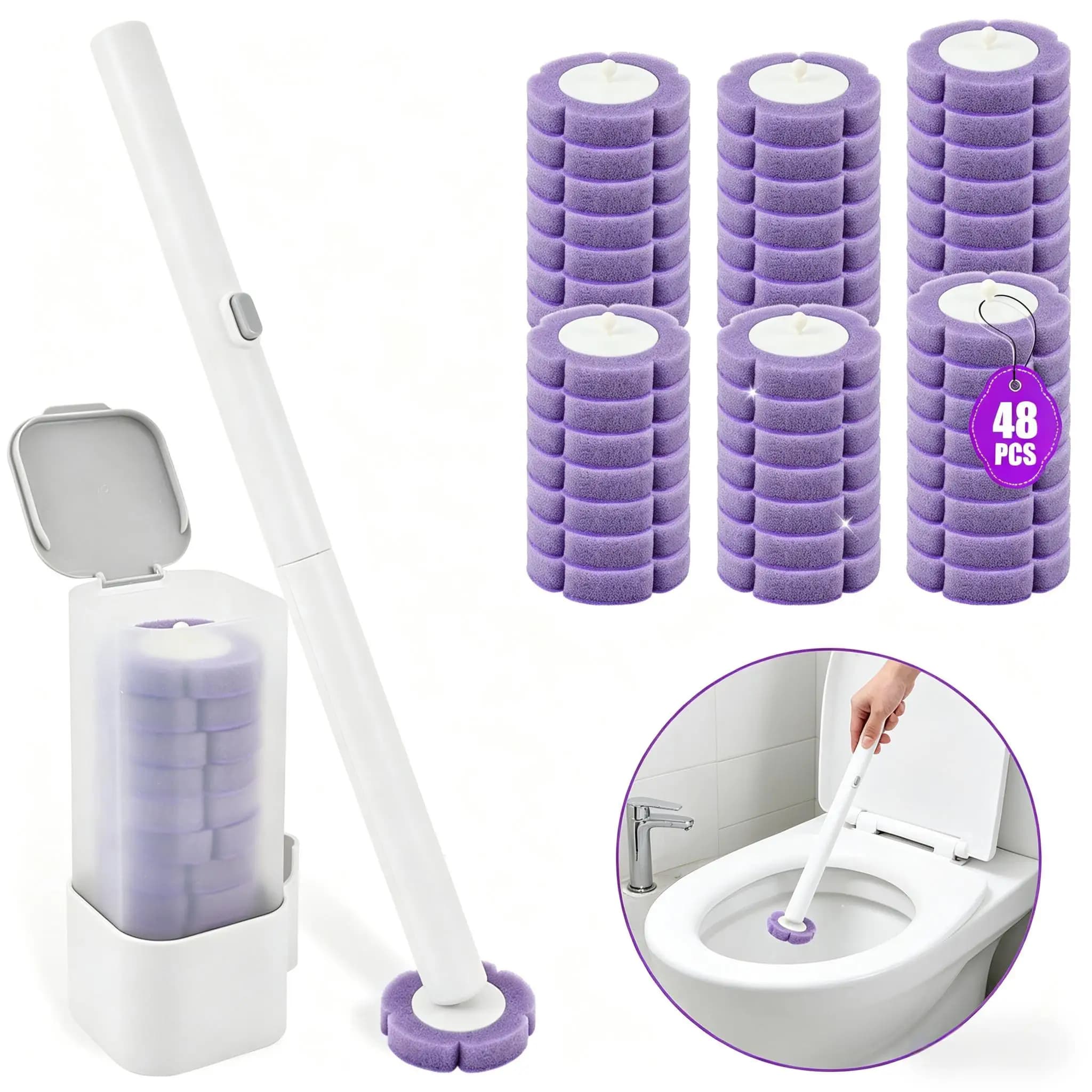 Kit spazzola per WC usa e getta da 48/60 pezzi, bacchetta per WC con manico lungo montata a parete con testa della spazzola sostituibile, accessori per il bagno