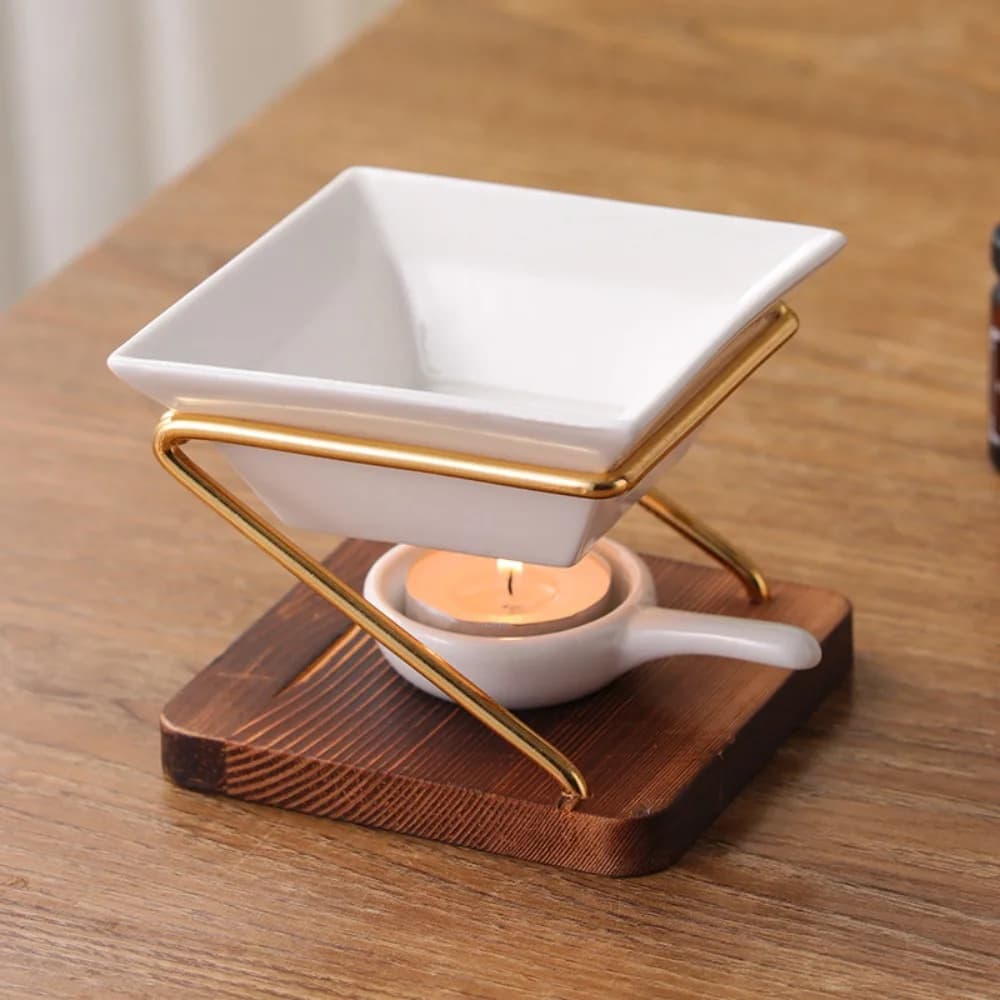 Pratico Diffusore di Aromi con Base in Legno, Bruciatore di Oli Essenziali in Metallo e Ceramica per Uso Domestico