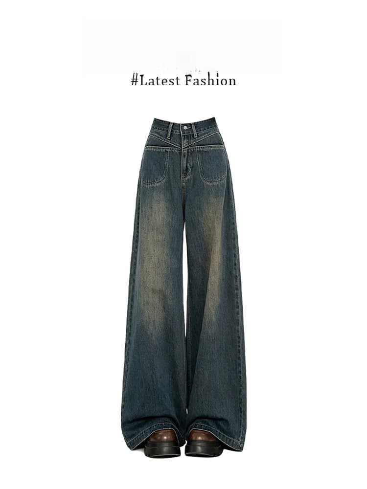 Parkyeon High Waist Wide Leg Denim Jeans Women's Autumn Winter Small Size Drapey Retro Straight Leg Pants Casual Style