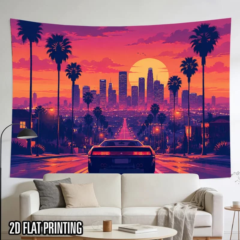 Large Retro Synthwave Neon Miami Sunset Cityscape Tapestry Wall Art Hanging Palm Tree Aesthetic Pop Culture Home Decor Living Ro