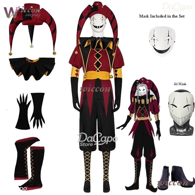 Costume da Clown Pierrot del Circo per Cosplay, Outfit da Gioco di Ruolo per Halloween 2025, Abbigliamento Horror per Uomo con Maschera e Cappello da Scherziere