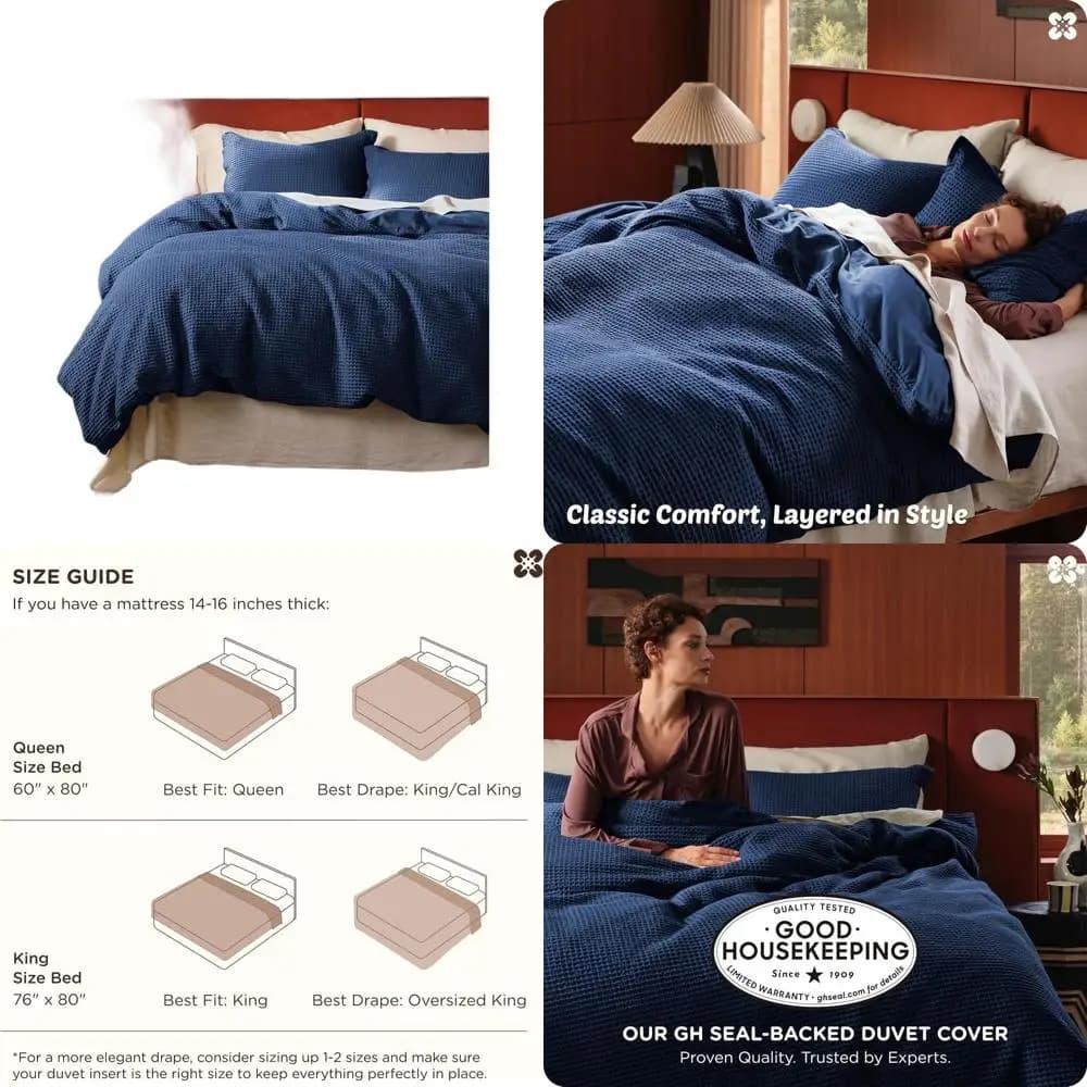 Set Copripiumino King Size in Cotone 100% Blu Navy, Tessuto Wale, Traspirante, 3 Pezzi, per Tutte le Stagioni, 104x90