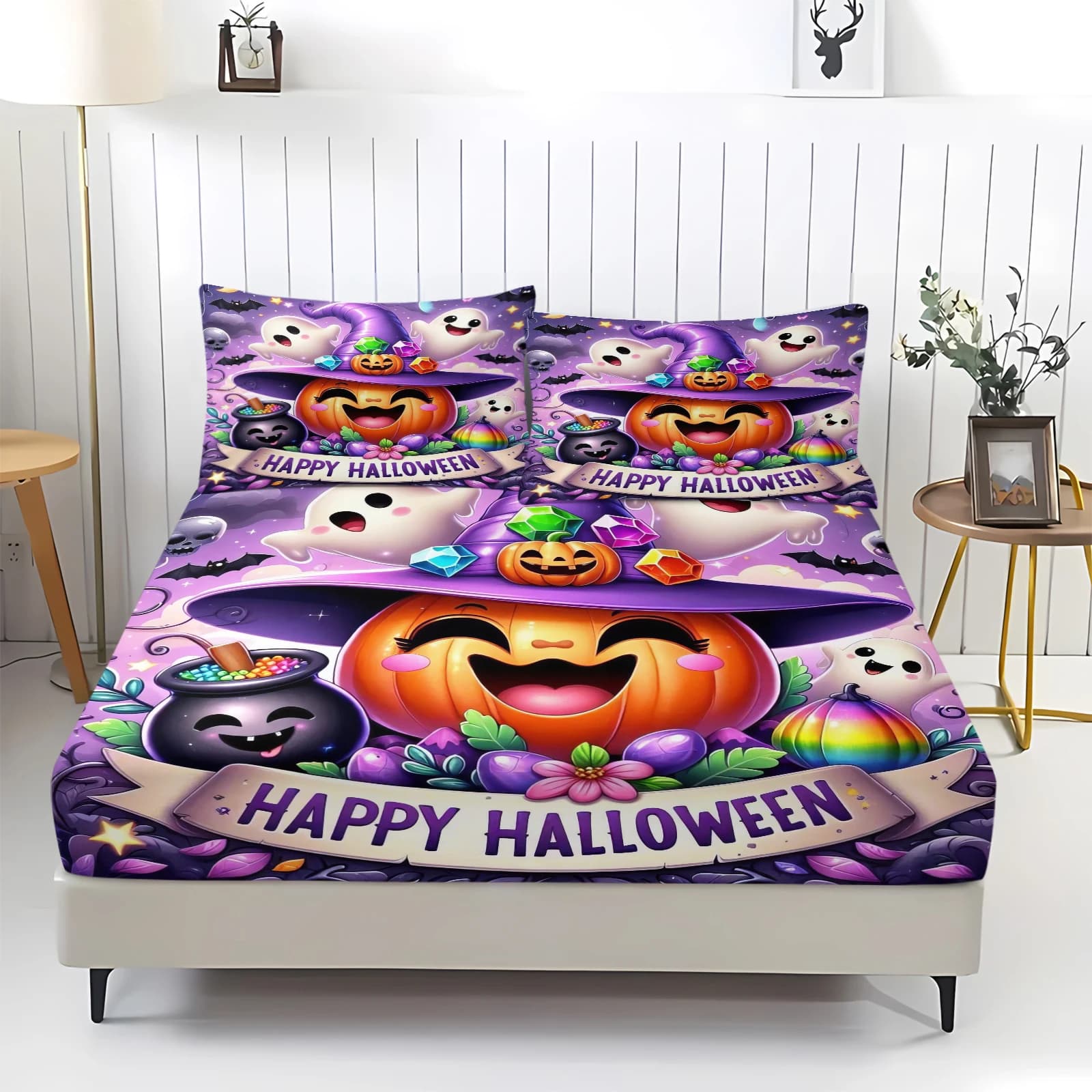 Cute Halloween Fitted Sheet Set 3pcs Smiling Pumpkin Witch Ghost Print Elastic Bed Linen For Festival Home Bedroom Decor