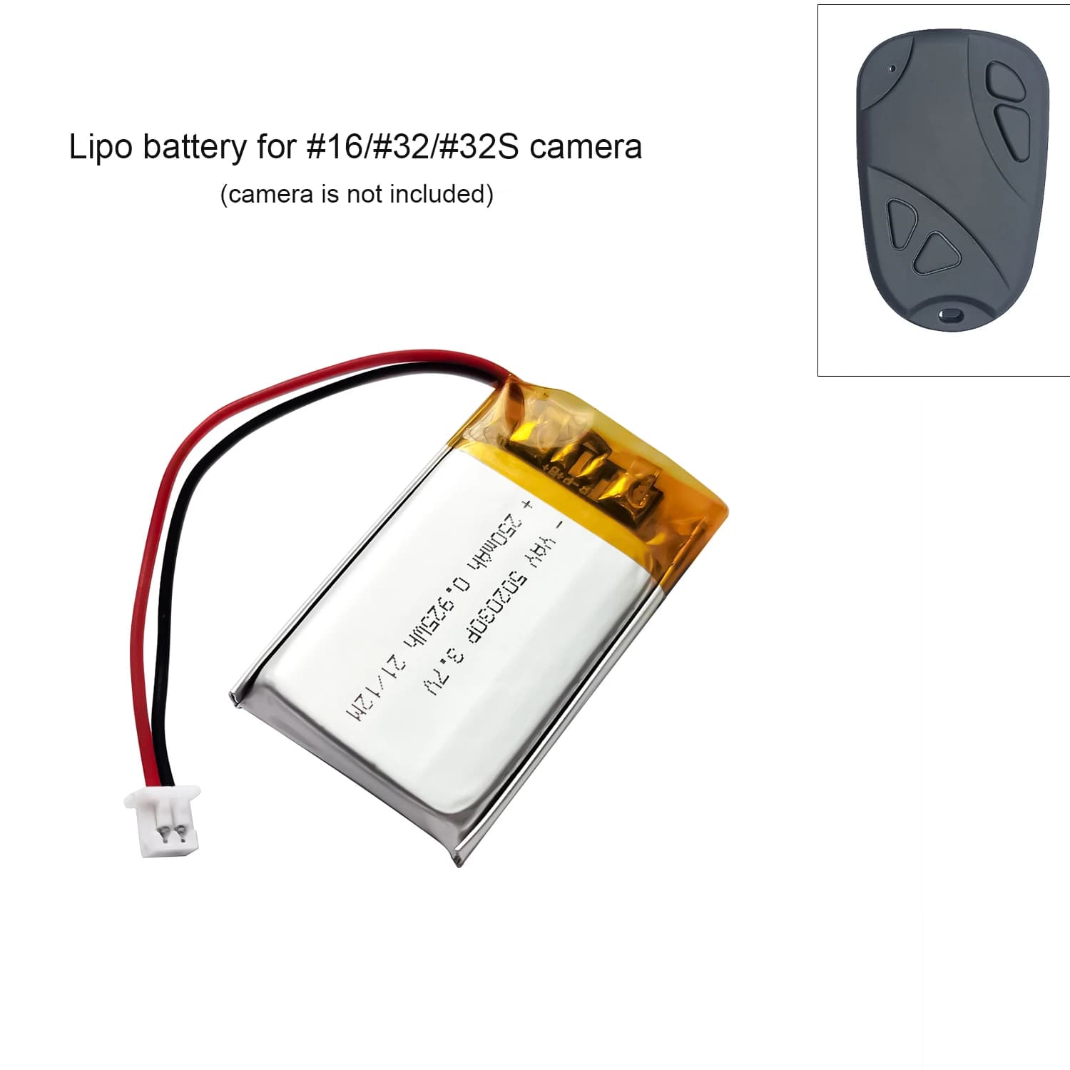 Battery Lipo Pura 250mAh 3.7V 502030, Lithium/Polymer Ions for 808 # 16/ # 32/ # Sport Camera HD 32S with Keychain, DashCam