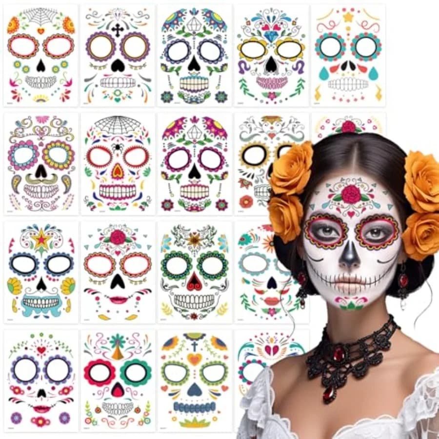 18 Pack Day of the Dead Face Tattoos Sugar Skull Catrina Makeup Kit Halloween Mask Temporary Tattoo Stickers, Skeleton Paint Di