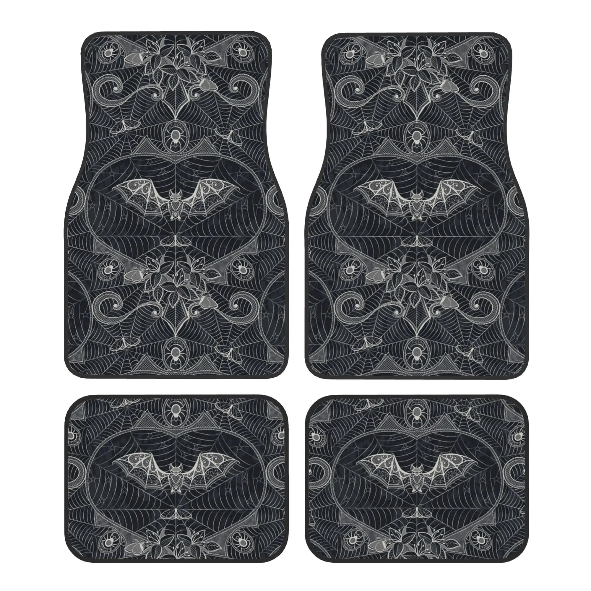 Tappetini Auto 4 Pezzi in Velluto Cristallo, Tema Halloween con Streghe e Pipistrelli, Universali Anteriori e Posteriori, Stile Gotico con Inserti in Pizzo