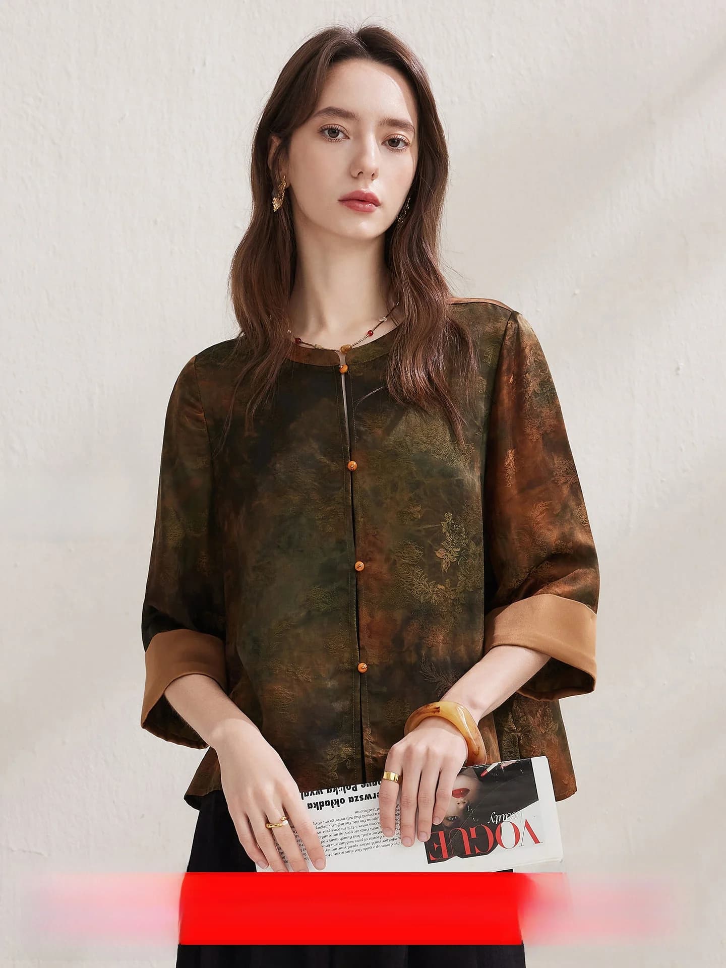 Elegant Retro Printed Silk Jacket Women's New Chinese Style Seven Sleeve Commute Style Thin Body Straight Tube Long Sleeve