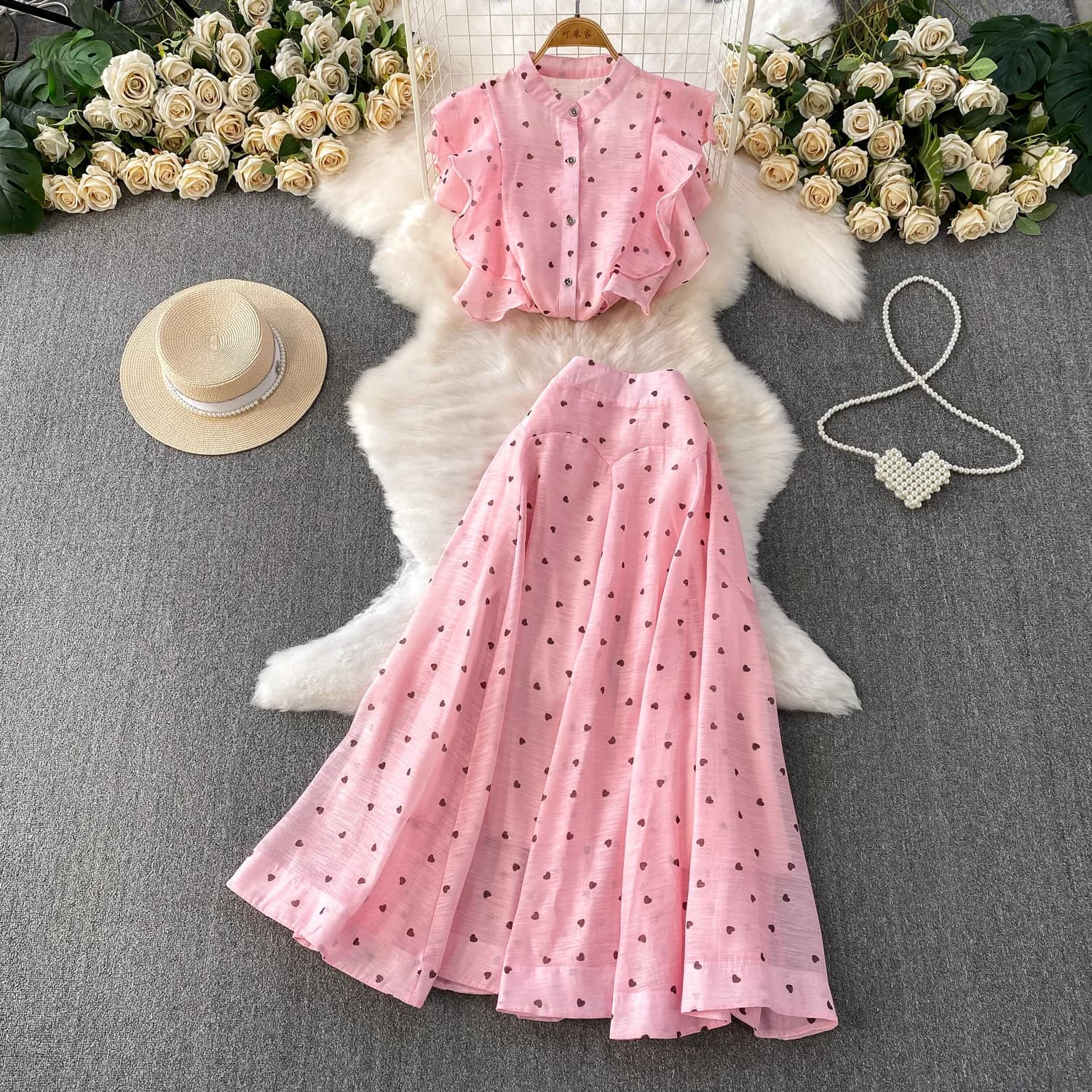 Two Pieces Women Dress Sets Print Matching Set Button Butterfly Sleeve Shirt Elastic Empire Waist Skirt Loose Casual 2026 Spring