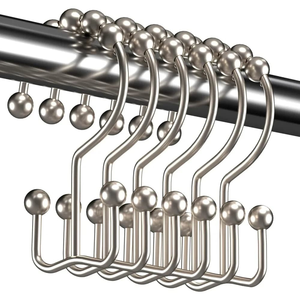 12 rust resistant metal shower curtain hooks – Double roller sliding rings for standard rods, nickel finish