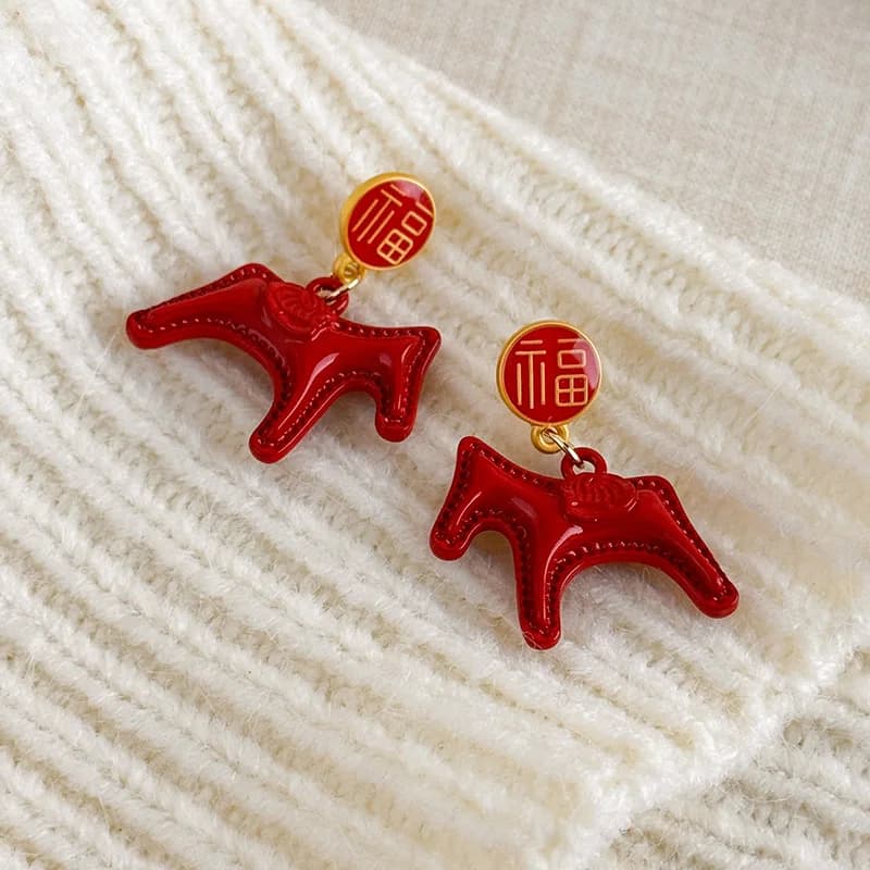 1 Paio di Orecchini alla Moda con Ciondolo a Forma di Cavallo Rosso in Legno, Accessori per Gioielli Festivi di Capodanno, Regali