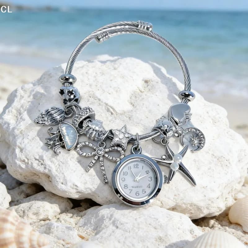 Ocean-Themed Multi-Pendant Bracelet With Watch Fashionable And Suitable For Commuting Stainless Steel Handmade Beaded Bangle