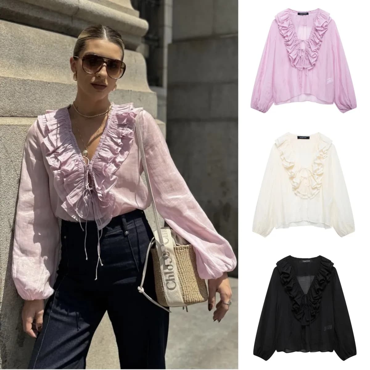 ETJ 2025 Spring new laminated shirt series ZW Lycel semi-transparent long sleeve shirt with mixed laces with V-neck for woman