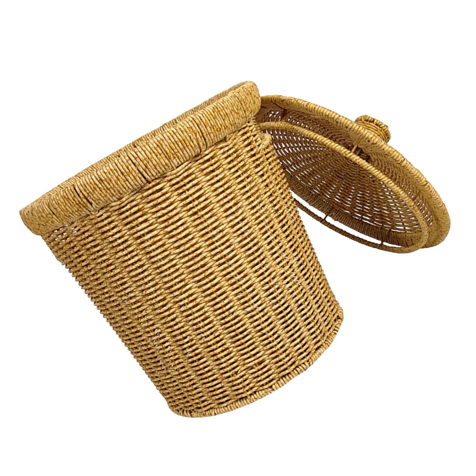 Cestino per Rifiuti in Finto Rattan, Contenitore Rotondo Intrecciato a Mano, Bidone per Bagno, Cucina, Ufficio, Camera da Letto, Misura Media con Coperchio