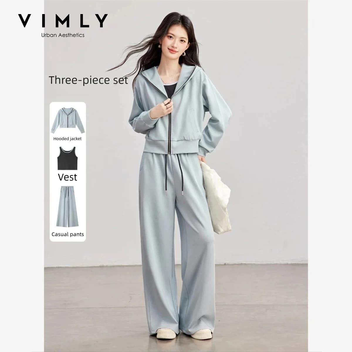 VIMLY Women's Three-Piece Set Blue Casual Sports Hoodie Black Tank Tops Wide-leg Pants 2026 Fall Matching Outfit Female 31528