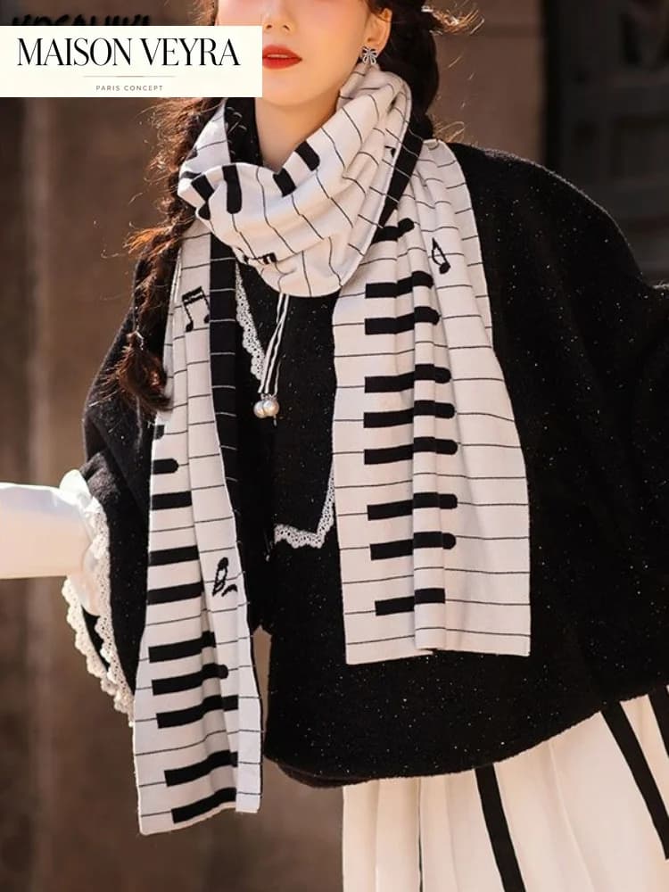 2026 Winter Y2k Aesthetic Grunge Long Scarves Women Unisex Harajuku Knitted Black Neckerchief White Piano Jacquard Scarf Gothic