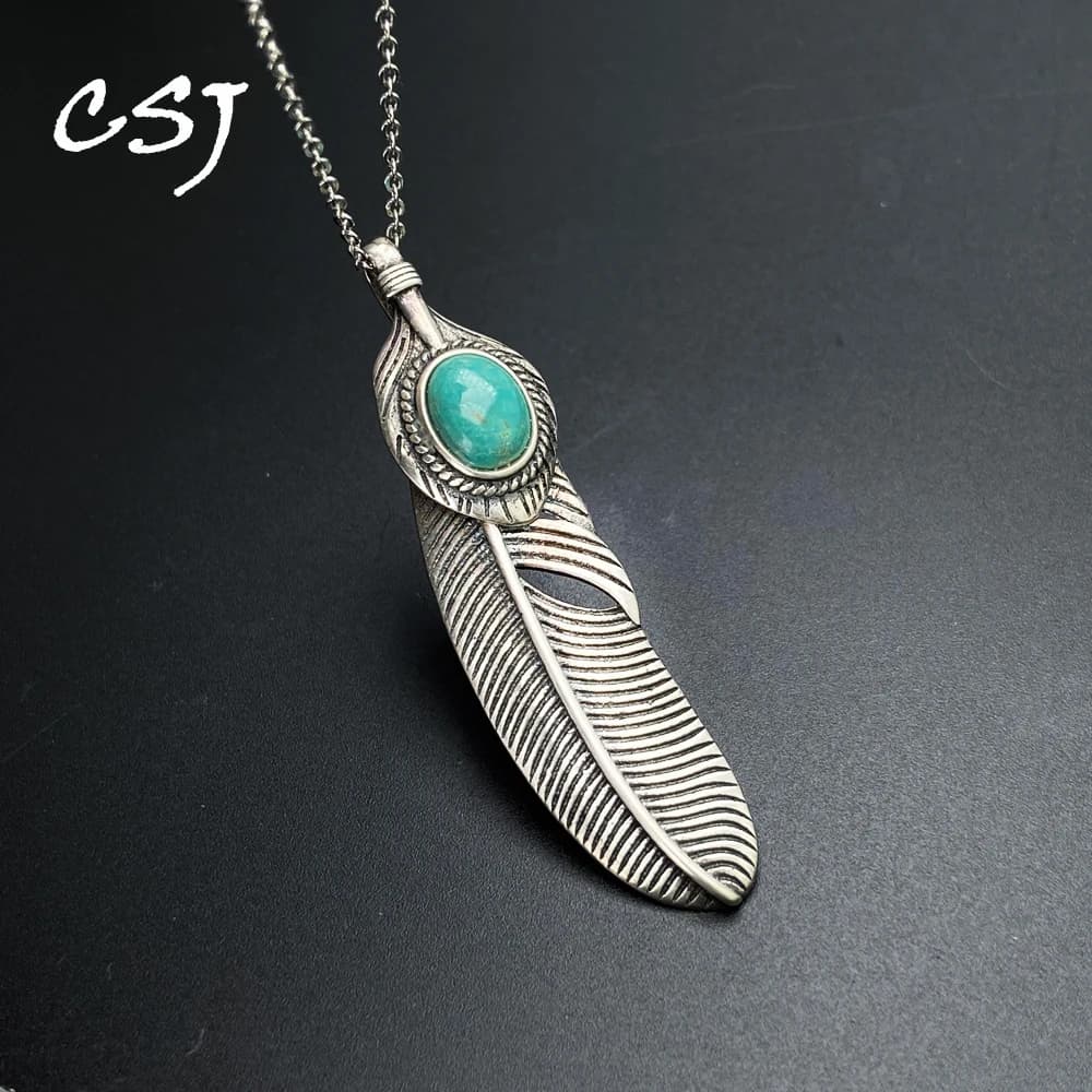Ciondoli vintage in turchese naturale Collana in argento tailandese con piume di pietre preziose in argento 925 per regalo di gioielli per feste da donna