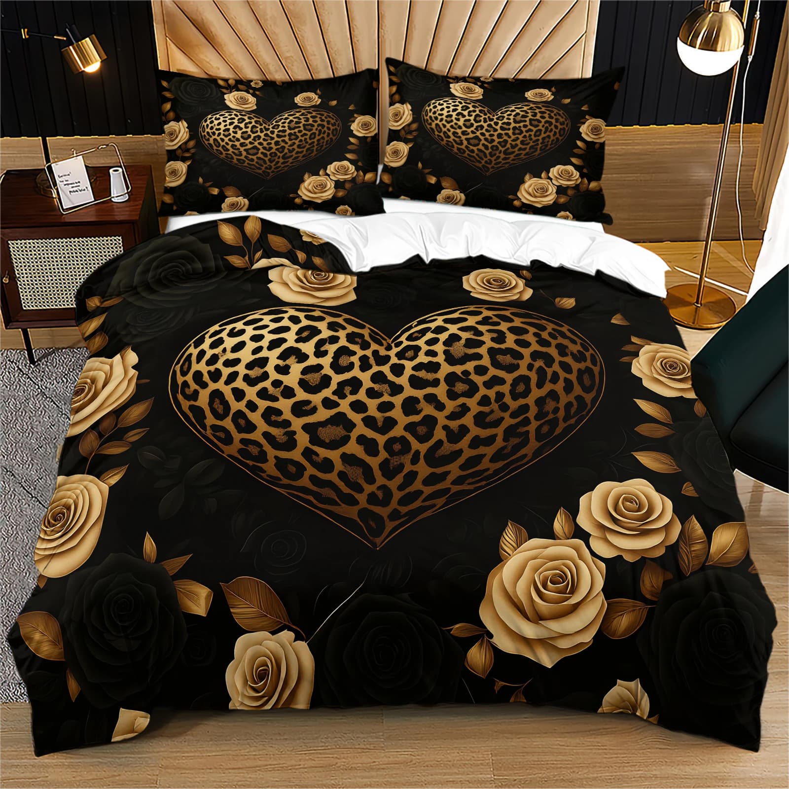 Luxury Glam Gold Leopard Heart Black Golden Rose 2/3 Piece Duvet Cover Set Wrinkle Resistant Bedding For Girl Dorm Bedroom