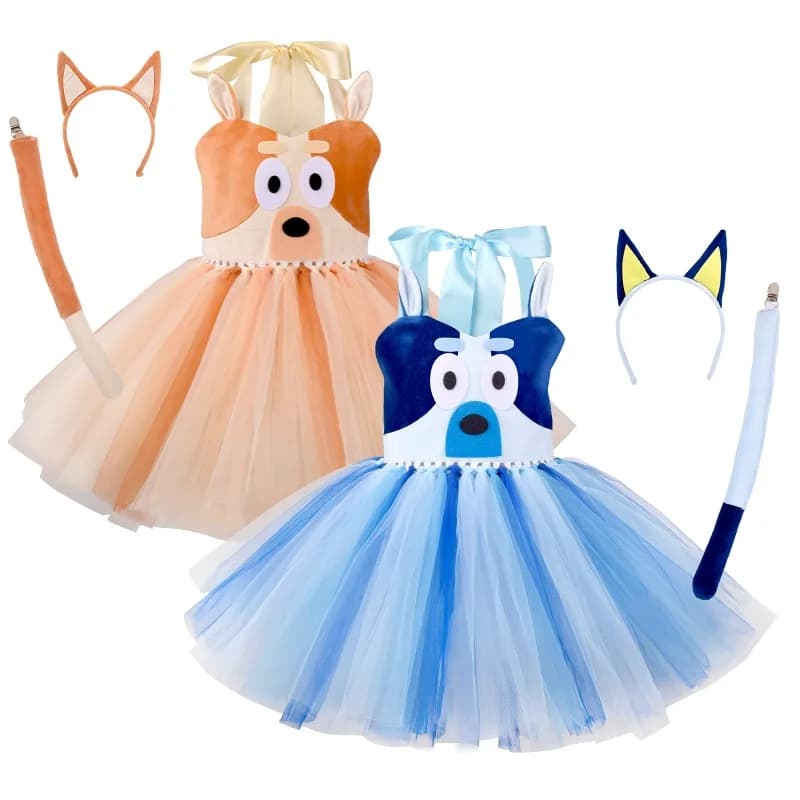 Nuovo Costume da Festa Blueys per Halloween, Set per Cosplay, Costume per Spettacoli, Gonna in Rete Bingo, Gonna Bluey con Fascia per Capelli