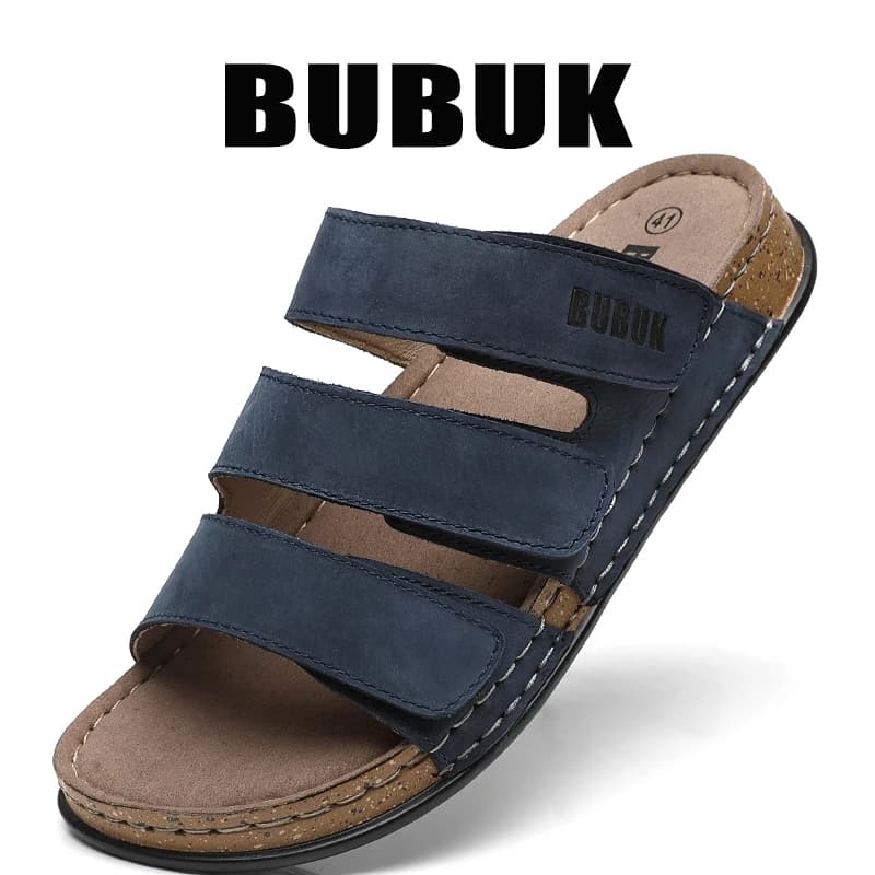 Nuovi Sandali da Uomo Bubuk con Suola in Sughero, Ciabatte Casual Regolabili a Tre Fasce con Velcro, Pantofole da Spiaggia Antiscivolo per Esterni in Taglie Grandi