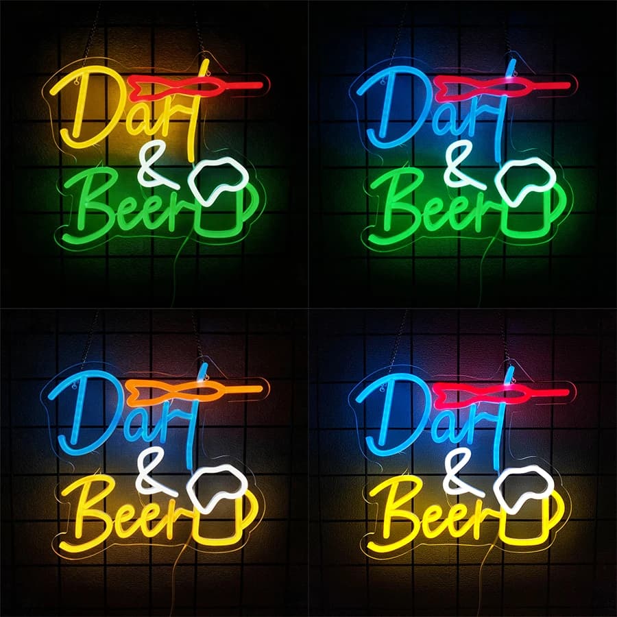 Insegna al neon a LED Dart & Beer, interessante lampada da parete per bar con design bersaglio per freccette e bicchiere di birra, decorazione per sala giochi, bar e man cave.