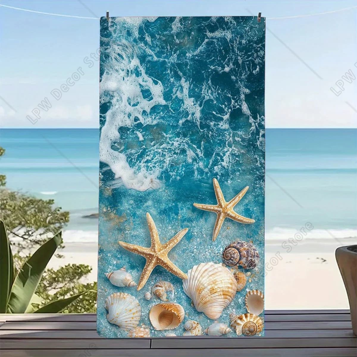 Telo mare con motivo a stelle marine e conchiglie, protezione solare e antivento, adatto per piscina, campeggio, viaggi, coperta da viaggio