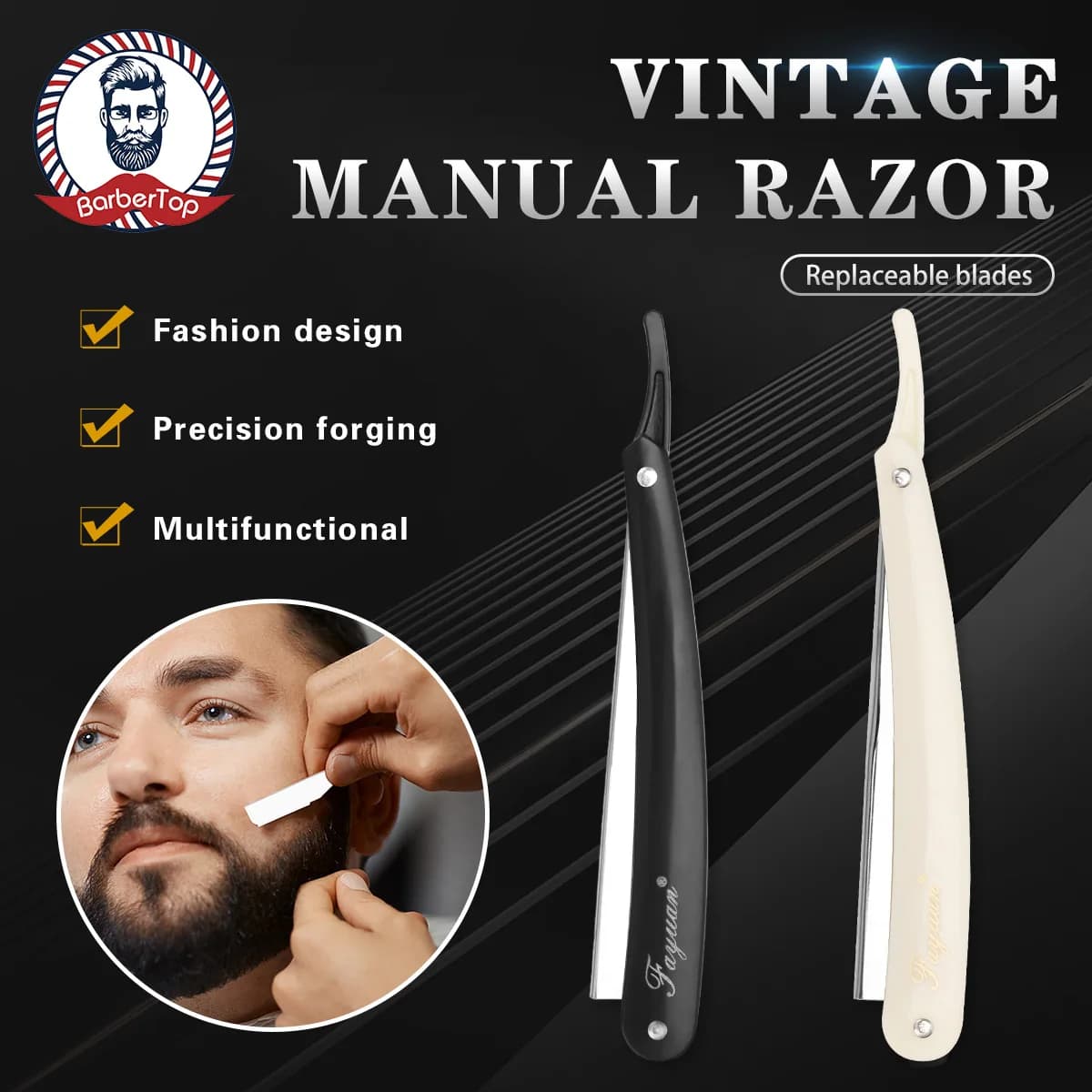 Rasoio manuale professionale con bordo dritto, rasoio da barbiere affilato in acciaio inossidabile, taglierina per barba da barba pieghevole con lama