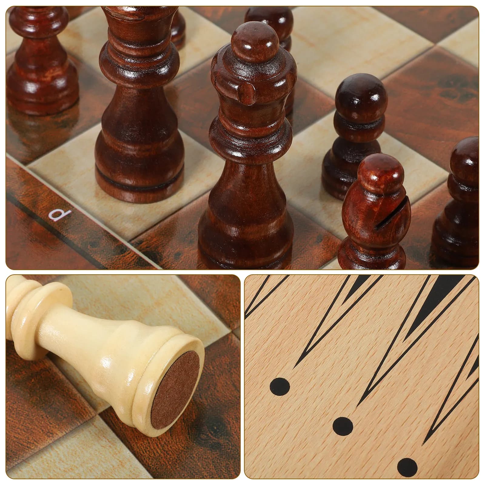 Set di Gioco degli Scacchi Internazionali 3 in 1 in Legno Pieghevole, Scacchi, Dama e Backgammon, Portatile per Famiglia, Ufficio, Viaggi e Picnic