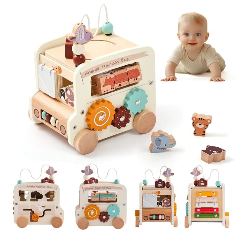 Giocattoli per bambini in legno Montessori giocattoli occupati giochi educativi Bus 5 in 1 Busy Box Toys giocattoli per bambini Montessori 0 12 mesi regali per bambini