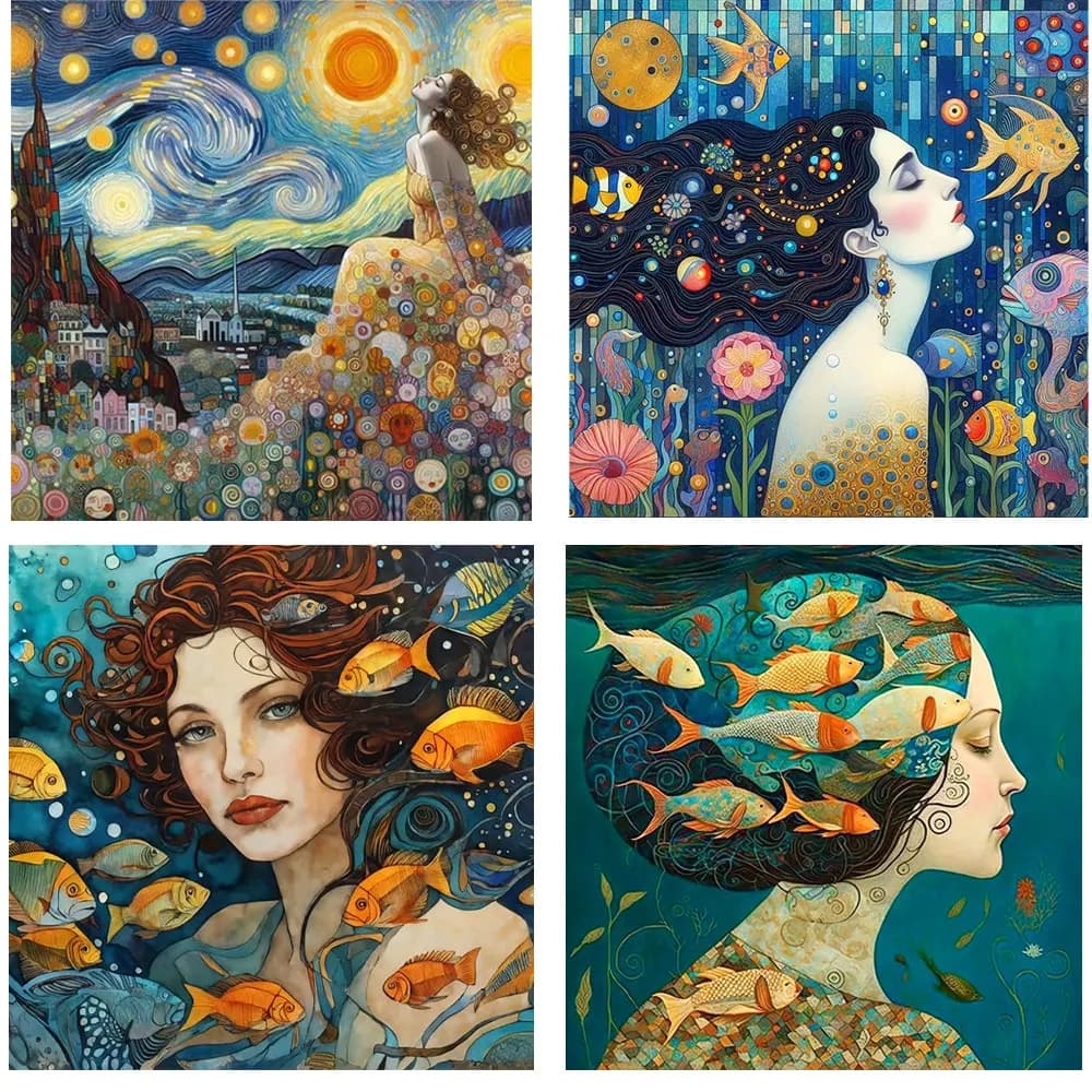 Oil painting Woman Fish Iron On PatchesMermaid Starry Sky Heat Transfer Vinyl Fashion Style Fish Pattern Iron On Patches Sticker
