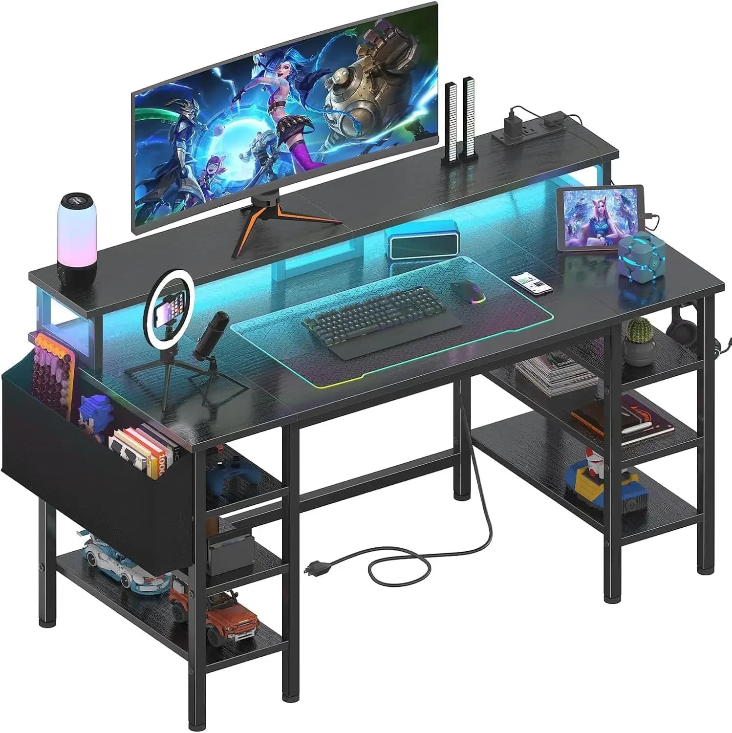 Gaming desk with LED lights and storage shelves, 47 inch computer desk with power sockets, home office desk with monitor support
