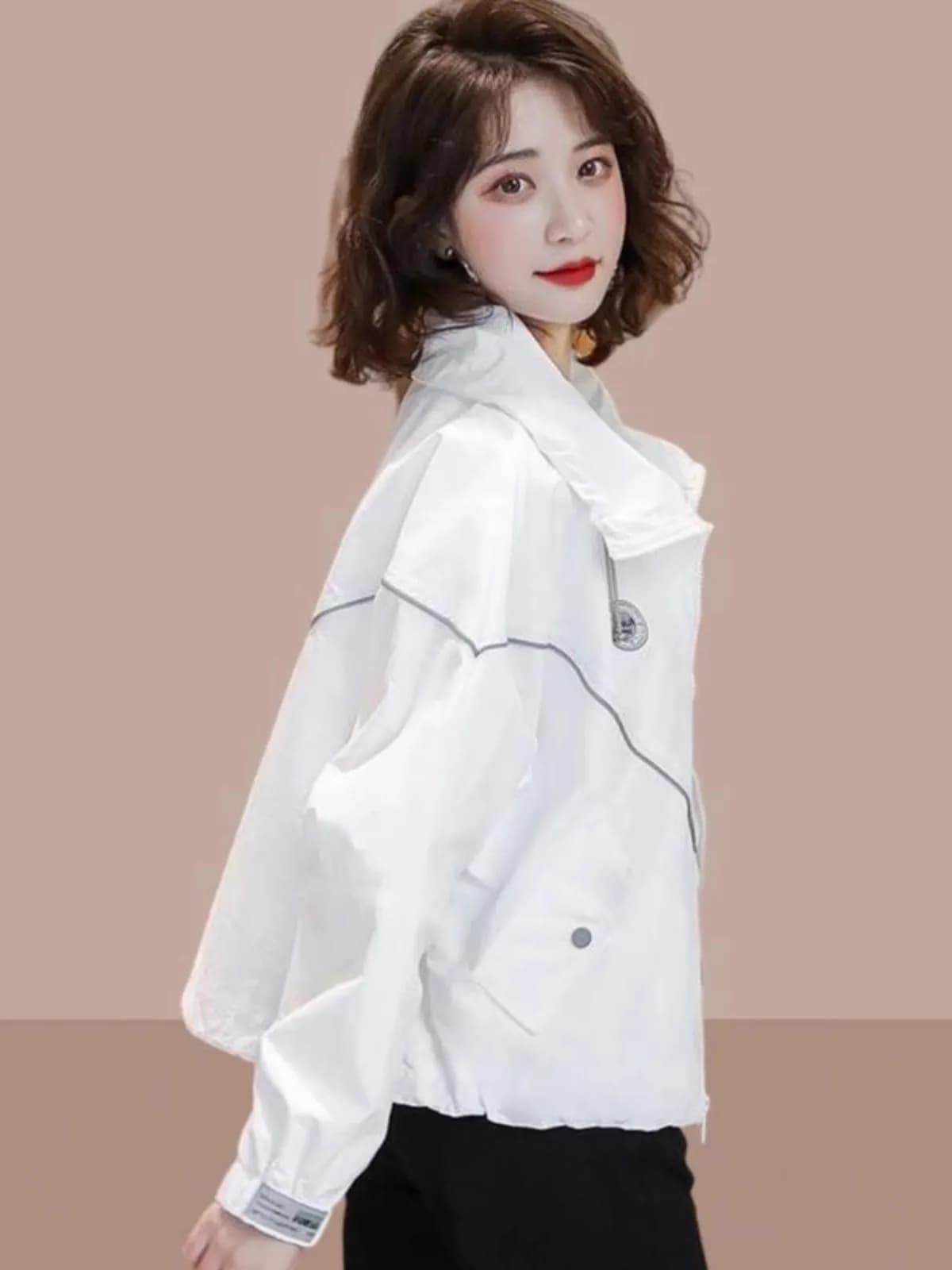 Summer 2026 Women's White American Workwear Stand Collar Sun Protection Jacket Casual Fashion Outerwear Top Zipper Long Sleeve