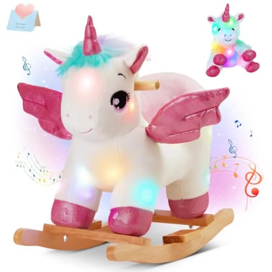 Set di 2 Cavalli a Dondolo Musicali Luminosi a Forma di Unicorno per Bambini con Cintura di Sicurezza, Dondolo Unicorno Bianco, Sedia a Dondolo per Bambini, Cavalcabile Unicorno