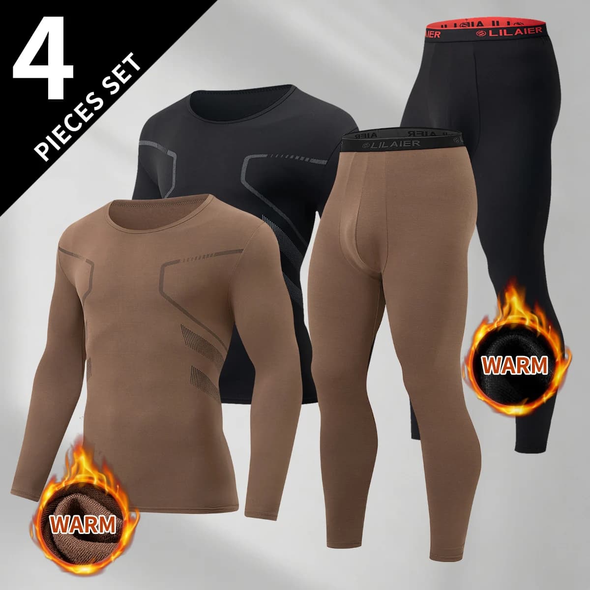 4-Piece Men's Warm Suit Autumn/Winter Fashion v2 Long Sleeved Top Casual Pants Comfortable Moisture Absorbing Base Set