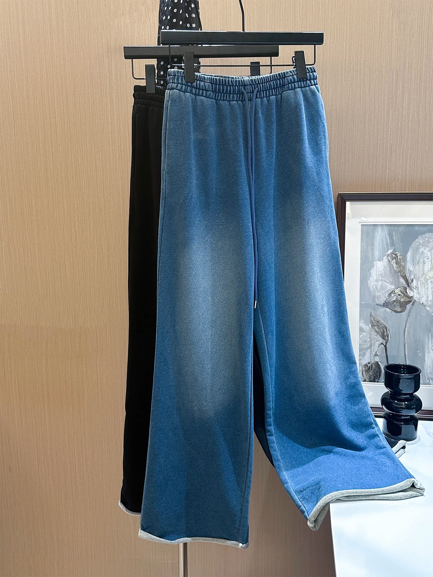Jeans Comodi a Gamba Larga da Donna, Pantaloni Casual in Cotone Lavorato a Maglia con Chiusura a Coulisse in Vita