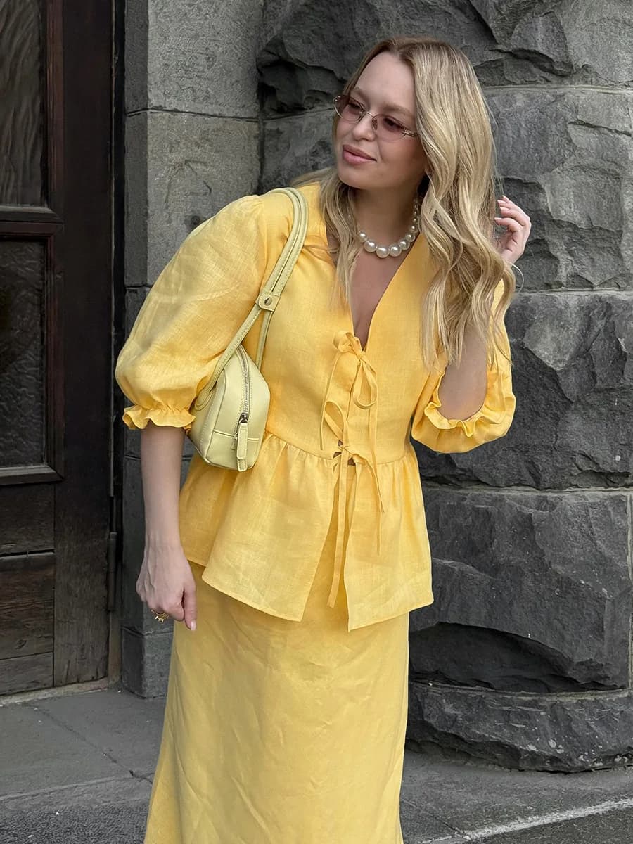 2026 Summer Long Skirt Suit Women 100% Cotton V-Neck Lace-Up Bubble Sleeve Shirts +Long Skirt 2 Pieces Set Female Casual Outfits