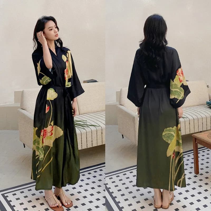 Plus Size Women Long Robe Nightgown Print Flower Kimono Bathrobe Gown Home Dress Silk Satin Sleepwear Loose Loungewear