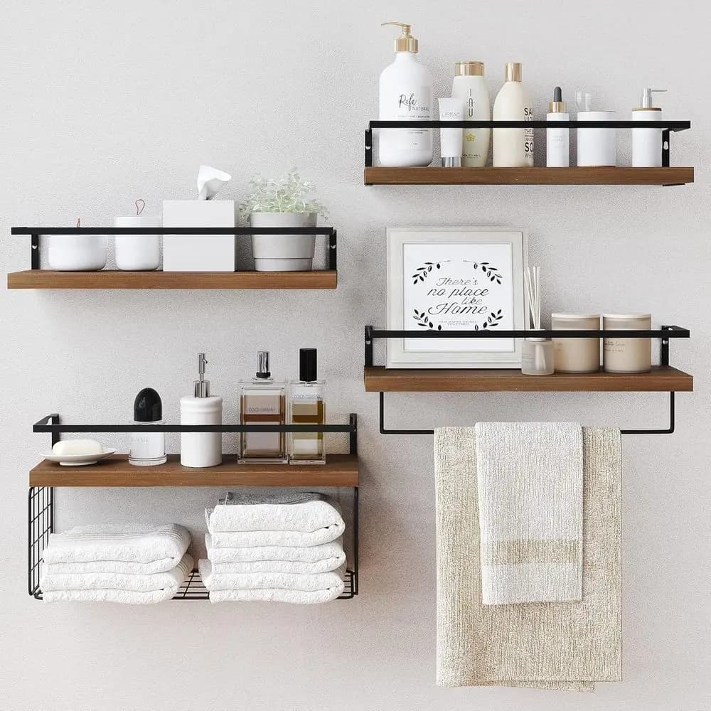 Mensole da Parete Rustiche a 4+1 Ripiani con Cestello in Filo Metallico e Portasciugamani per Bagno, Cucina e Camera da Letto