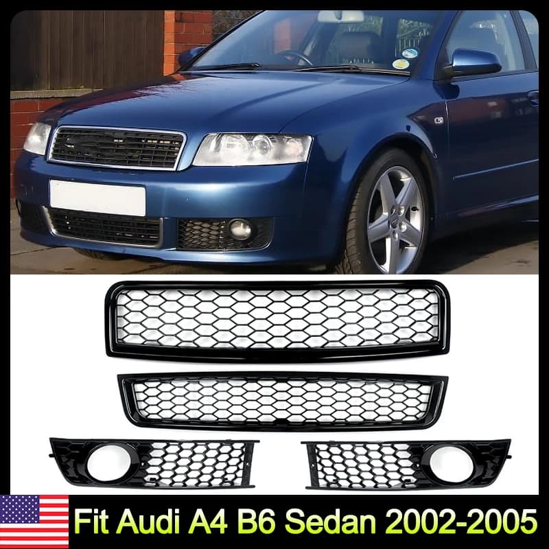 Honeycomb For Audi A4 B6 Sedan 2002-2005 Front Upper Lower Grille Fog Lamp Grill