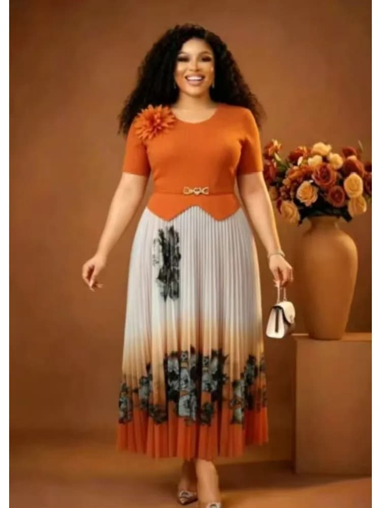 Miyake 2026 Summer New Fashion Design Sense Waist Printing Color Matching Big Pendulum Dress Elegant Women's Clothing
