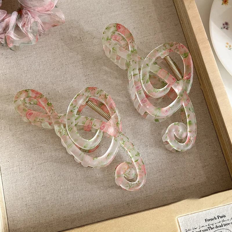 Korean Style Print Flower Mobius Strip Musical Notes Hair Claw Clips Large Barrettes Strong Hold Ponytail Clamp Hair Accessories