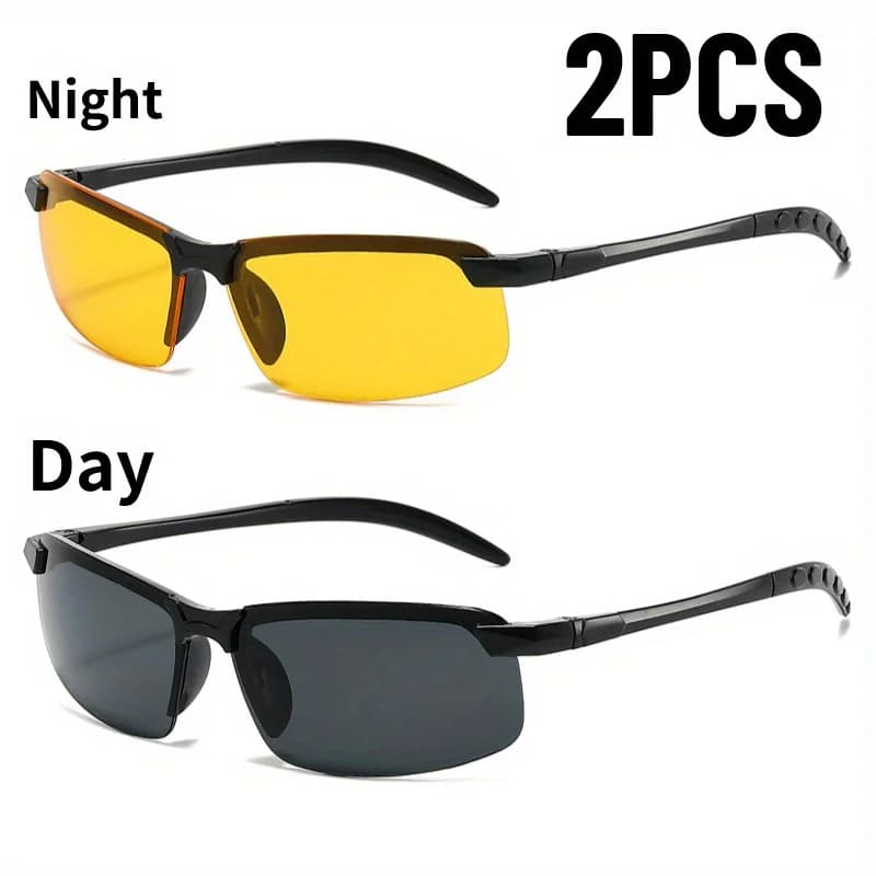 2 Paia di Occhiali per Visione Notturna da Uomo, Montatura Semi-Rimless, Occhiali alla Moda per Uso Diurno e Notturno, Occhiali da Guida Semi-Rimless