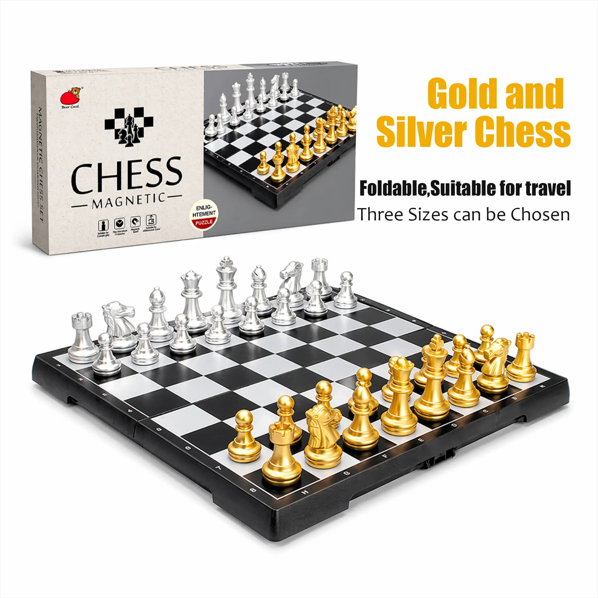 Set di Scacchi Pieghevole con Scacchiera Arrotondata, Pezzi Oro e Argento, Gioco Educativo Portatile da Viaggio per Bambini e Adulti, Idea Regalo