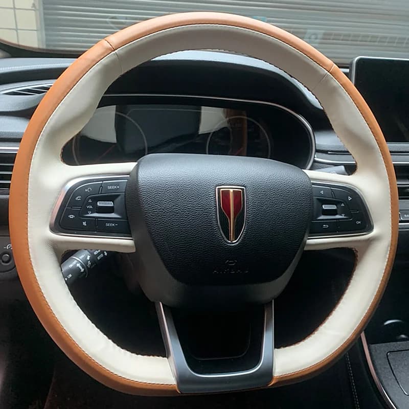 Per Hong Qi E-QM HS 3 5 7 9 Coprivolante per auto in pelle cucito a mano Accessori per auto carini