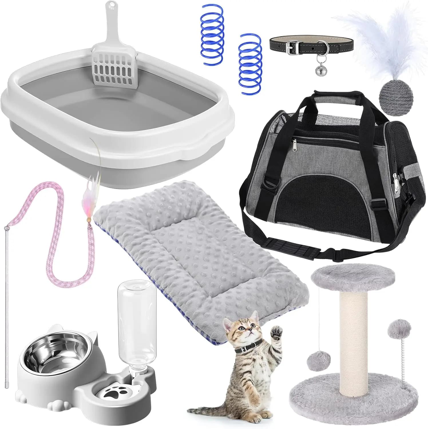 Kit Essenziale per Gattini, 10 Pezzi, per Gatti da Interno, Include Lettiera, Giocattolo per Gatti, Trasportino Pieghevole