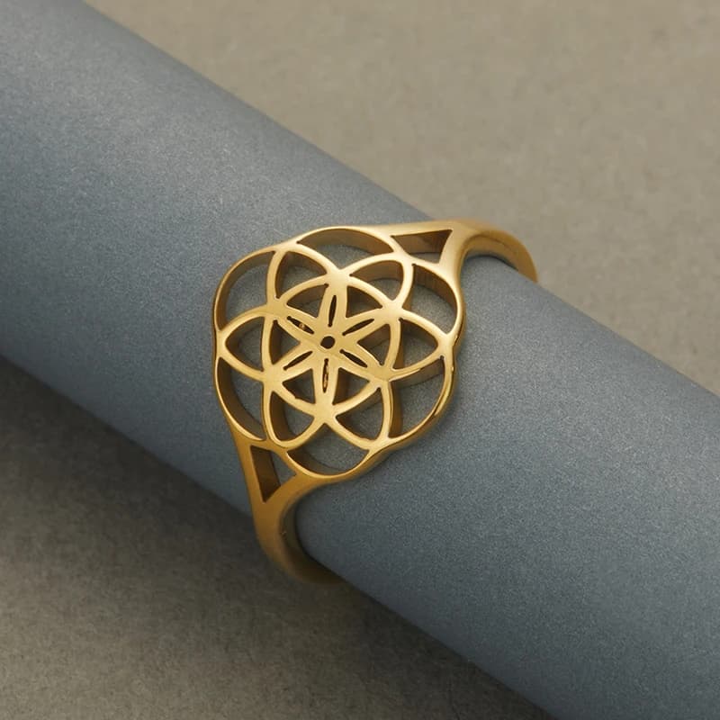 Kinitial Sacred Geometry Flower of Life Ring Woman Mandala Amulet Jewelry Seeds of Life Lotus Rings