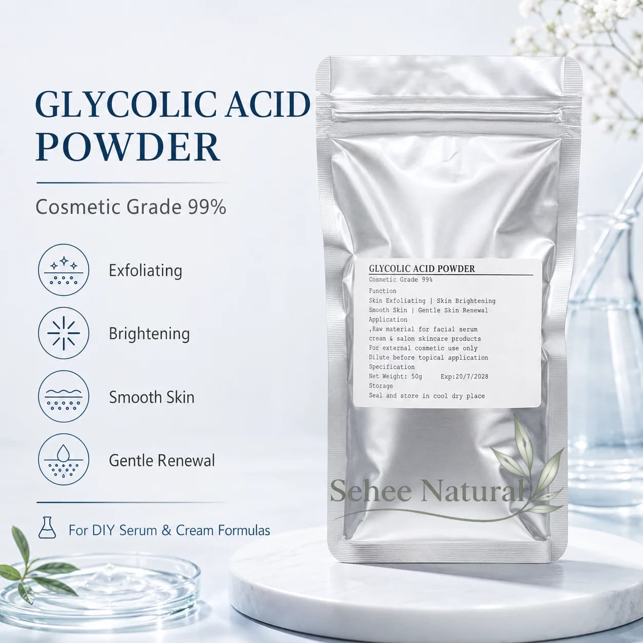 Pure Glycolic Acid Powder 99% Cosmetic Raw-Material Gentle Skin Renew Exfoliating Brightening For Home Salon Use