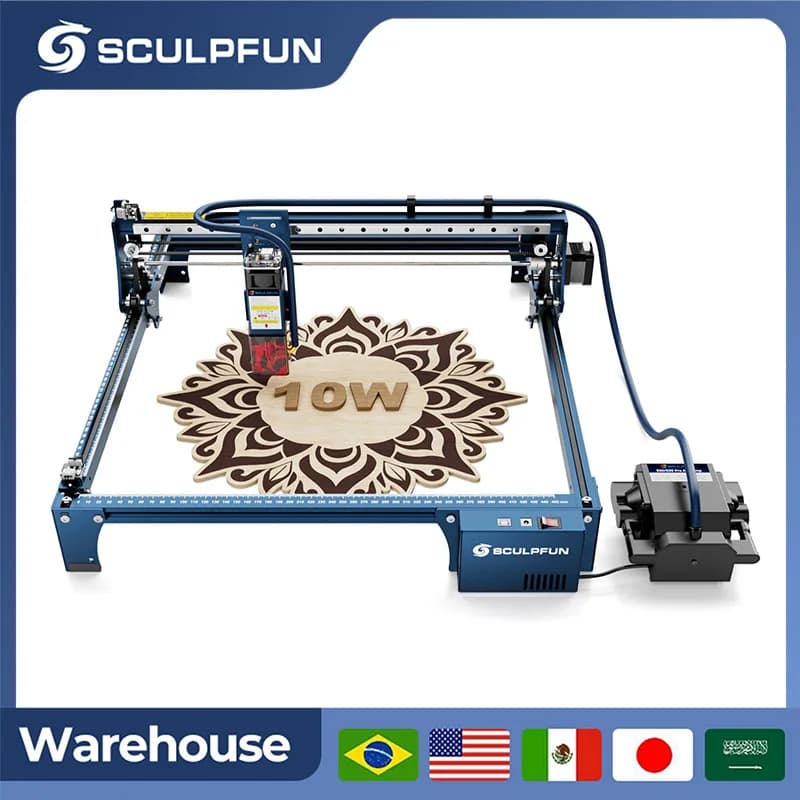 SCULPFUN S30 Pro 10W With Automatic Air-Assist Laser Engraving Machine Replaceable Lens Design Lncludes Laser Repair Kit Expandable Rngraving Area Air-Assist M8 Motherboard