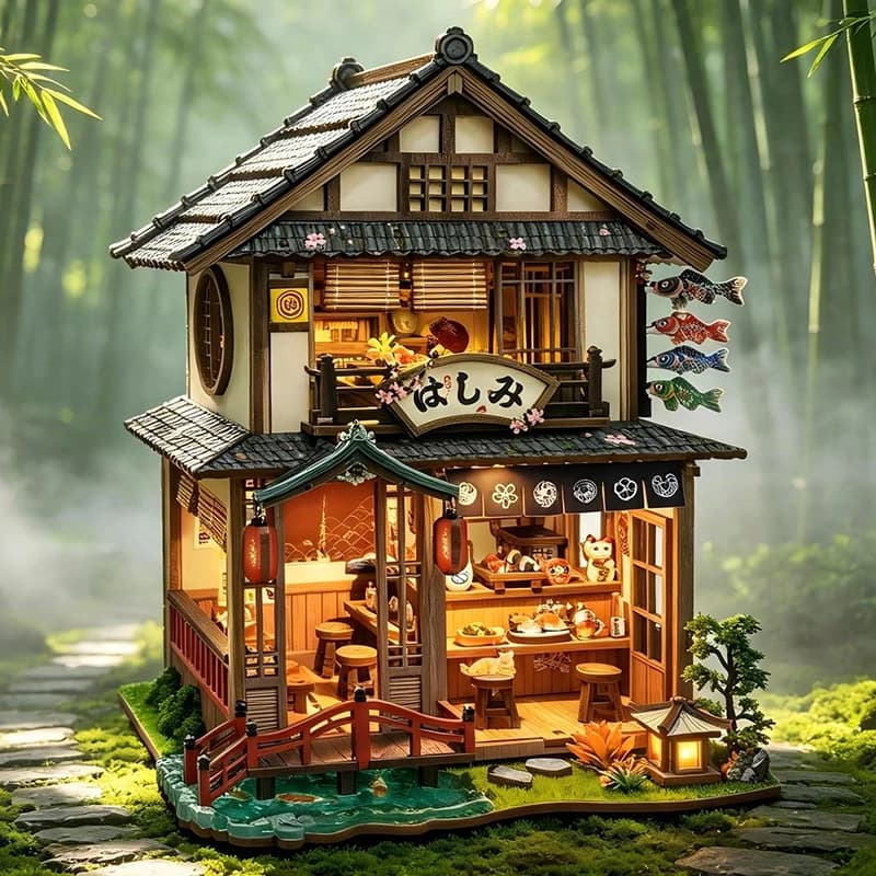 DIY Wooden Bridgeside Machiya Cottage Miniature Model Kits With Furniture Puzzles Casa Dollhouse for Friends Birthday Gifts